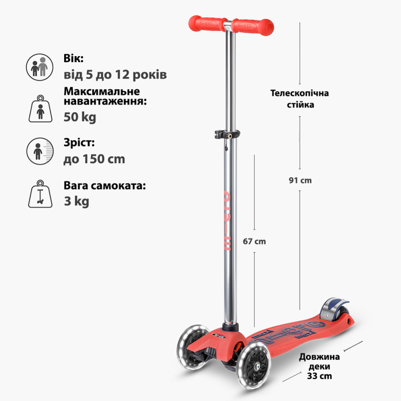 Самокат MICRO серії "Maxi Deluxe Glow LED" – ЧЕРВОНА АУРА (до 50 kg, 3-х колісний, світло)