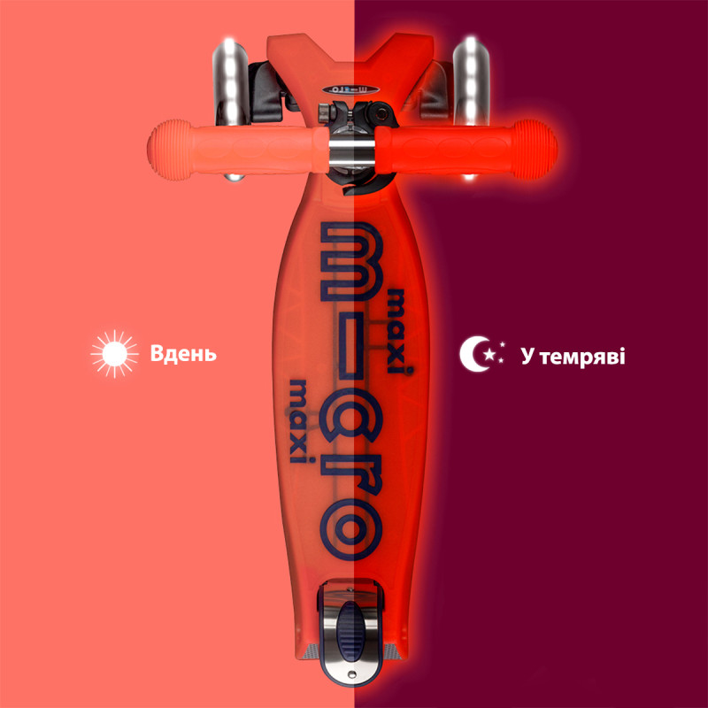 Самокат MICRO серії "Maxi Deluxe Glow LED" – ЧЕРВОНА АУРА (до 50 kg, 3-х колісний, світло)
