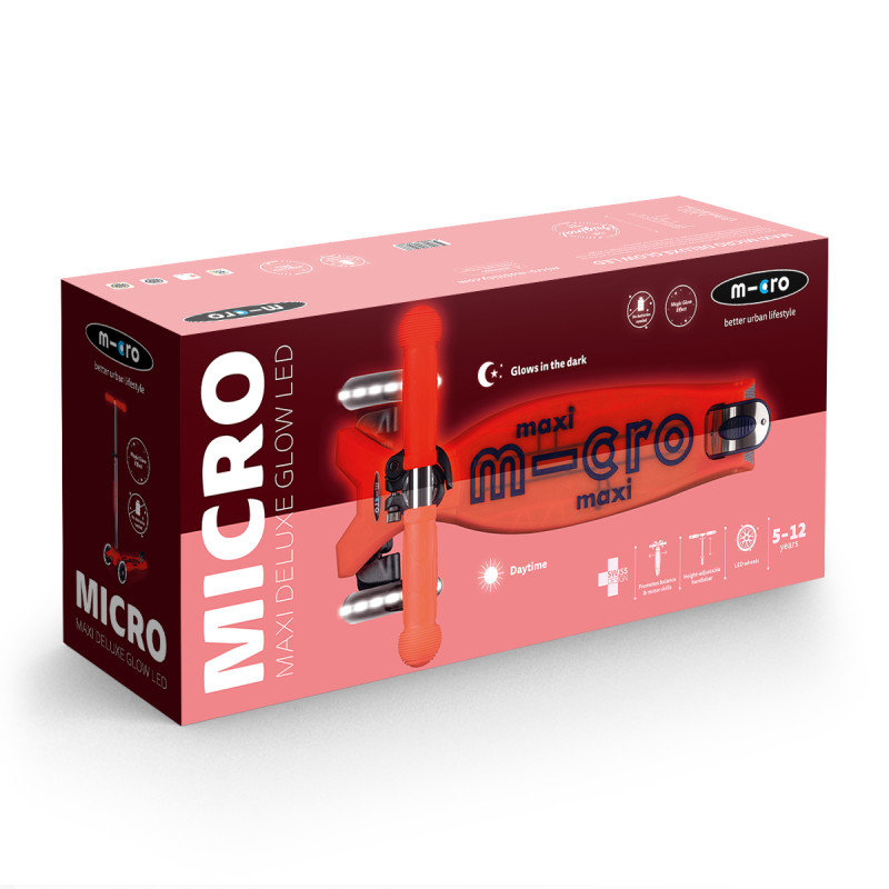 Самокат MICRO серії "Maxi Deluxe Glow LED" – ЧЕРВОНА АУРА (до 50 kg, 3-х колісний, світло)