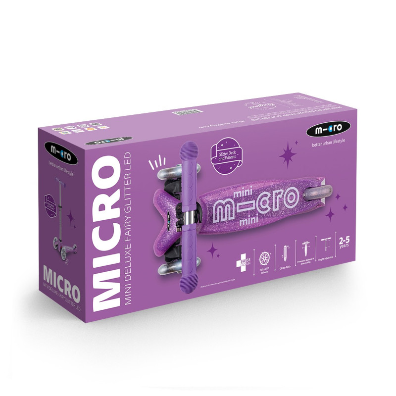 Самокат MICRO серії "Mini Deluxe Fairy Glitter LED" – ПУРПУРОВИЙ (до 50 kg, 3-х колісний, світло)
