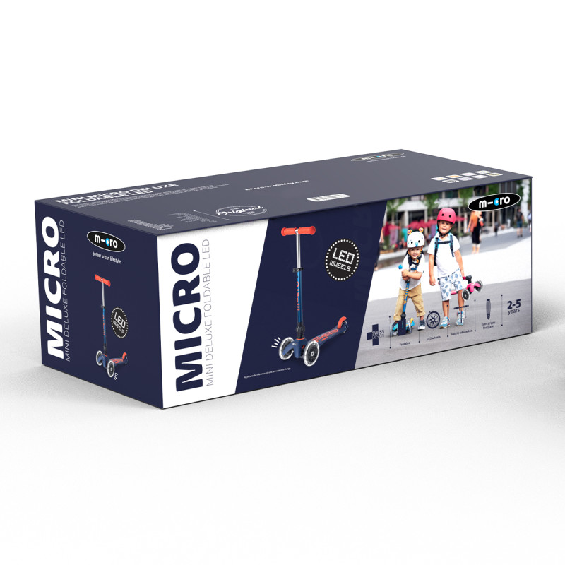 Самокат MICRO серії "Mini Deluxe Foldable LED" – СИНІЙ (складаний, до 50 кг (kg), триколісний, світло)