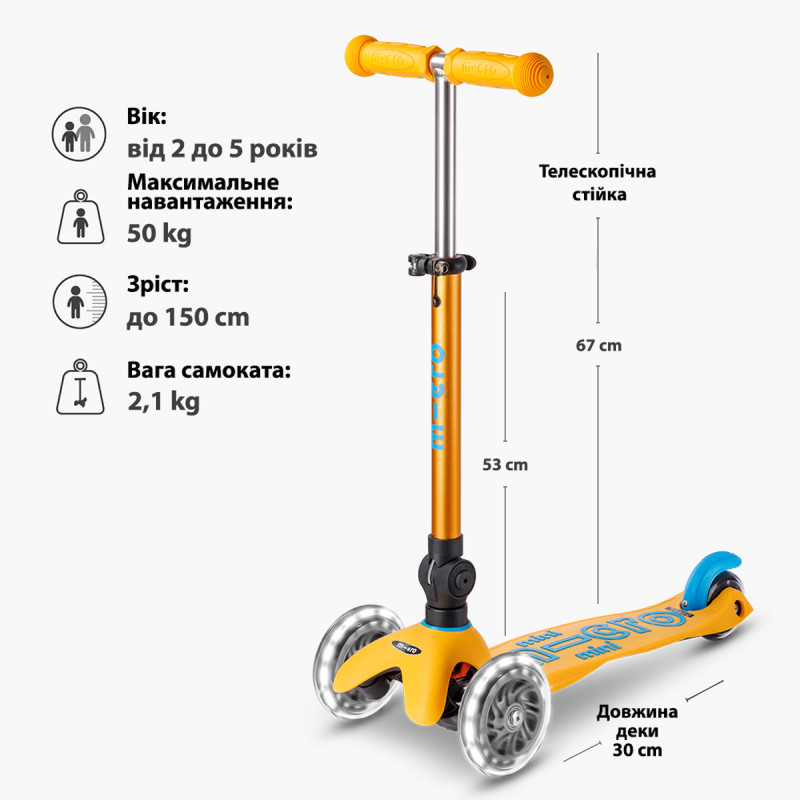 Самокат MICRO серії "Mini Deluxe Foldable LED" – АБРИКОСОВИЙ (складаний, до 50 кг (kg), триколісний, світло)