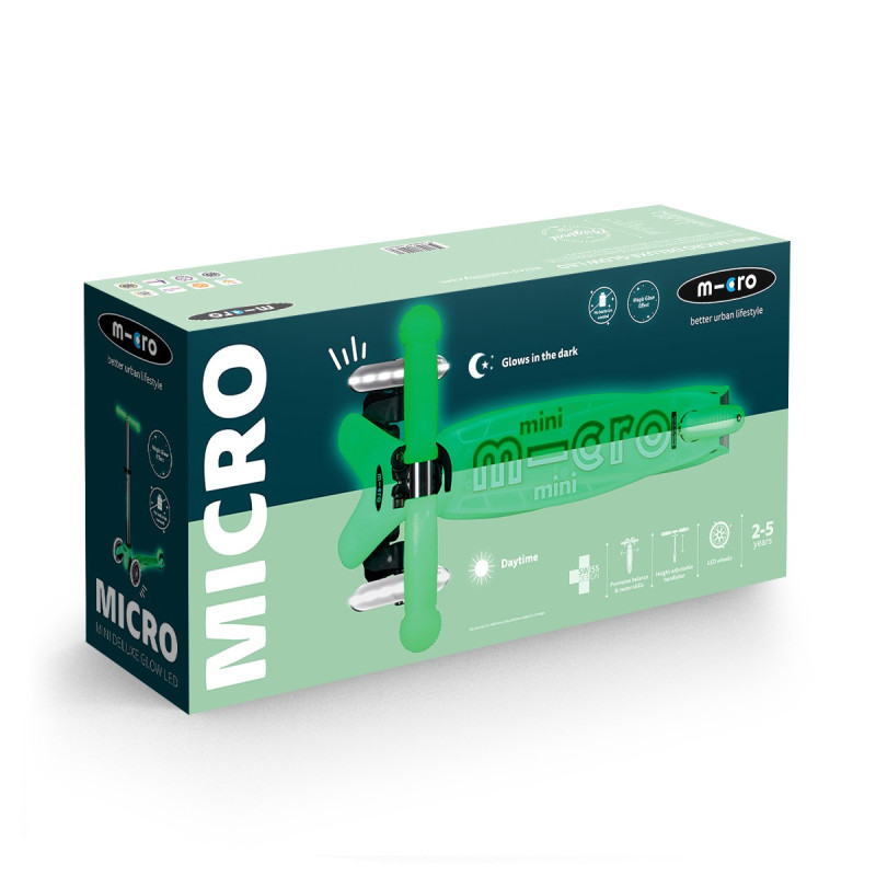 Самокат MICRO серії "Mini Deluxe Glow LED" – КРИЖАНИЙ ЛАЙМ (до 50 kg, 3-х колісний, світло)