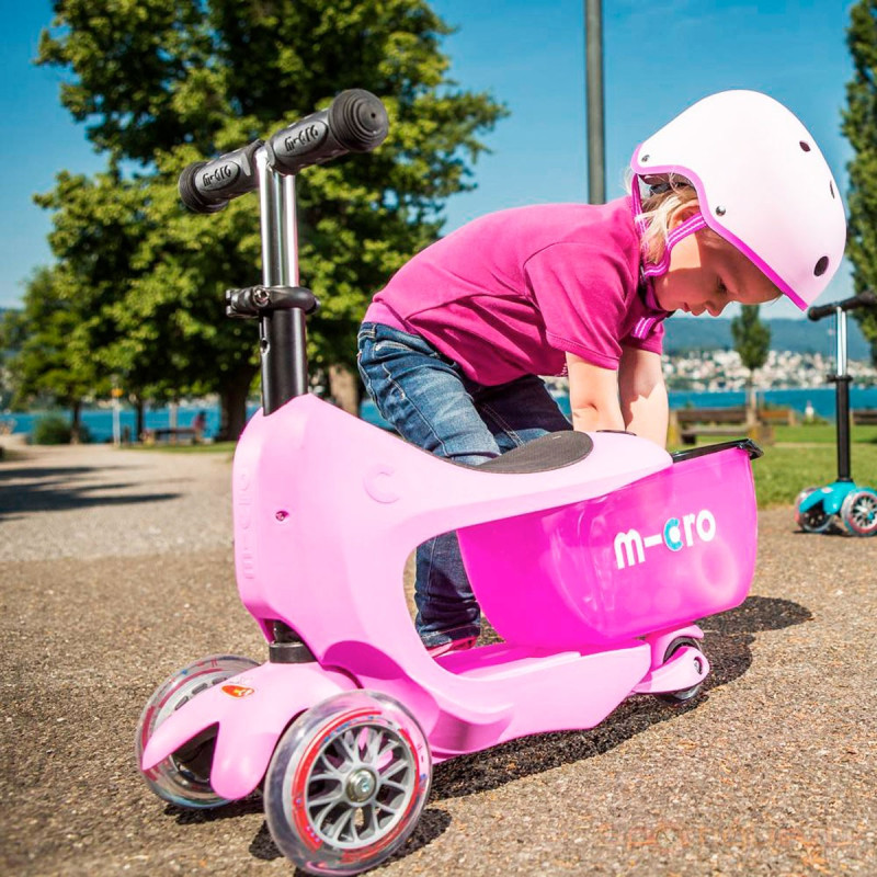 Самокат MICRO серії "Mini2go Deluxe Plus" - РОЖЕВИЙ (до 50 kg, до 20 kg з сидінням, триколісний)