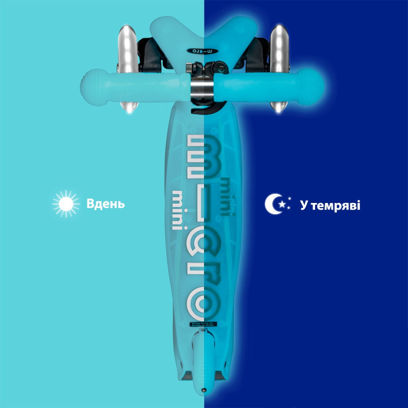 Самокат MICRO серії "Mini Deluxe Glow LED" – ЛЬОДОВИК АКВА (до 50 kg, 3-х колісний, світло)