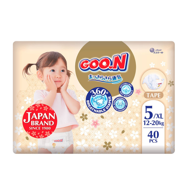 Підгузки GOO.N Premium Soft для дітей 12-20 кг (розмір 5(XL), на липучках, унісекс, 40 шт.)