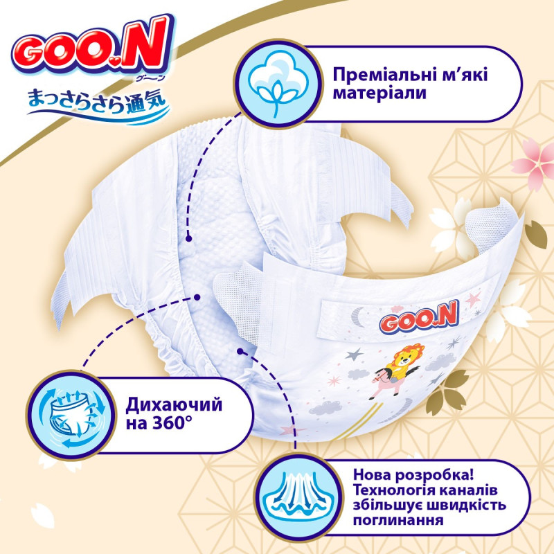 Підгузки GOO.N Premium Soft для дітей 12-20 кг (розмір 5(XL), на липучках, унісекс, 40 шт.)