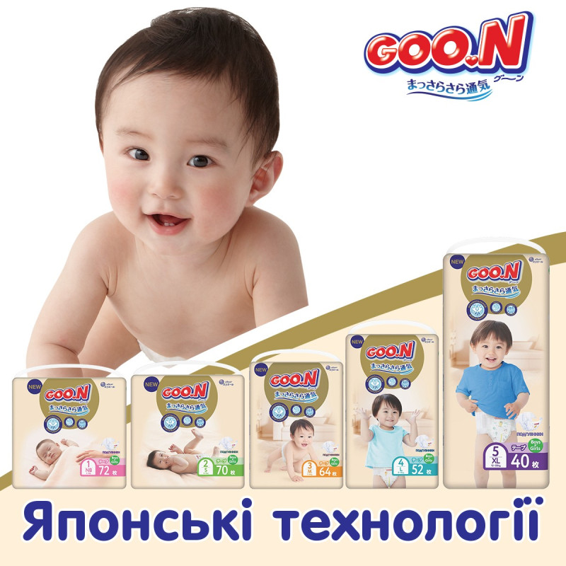 Підгузки GOO.N Premium Soft для новонароджених до 5 кг (1(NB), на липучках, унісекс, 72 шт)