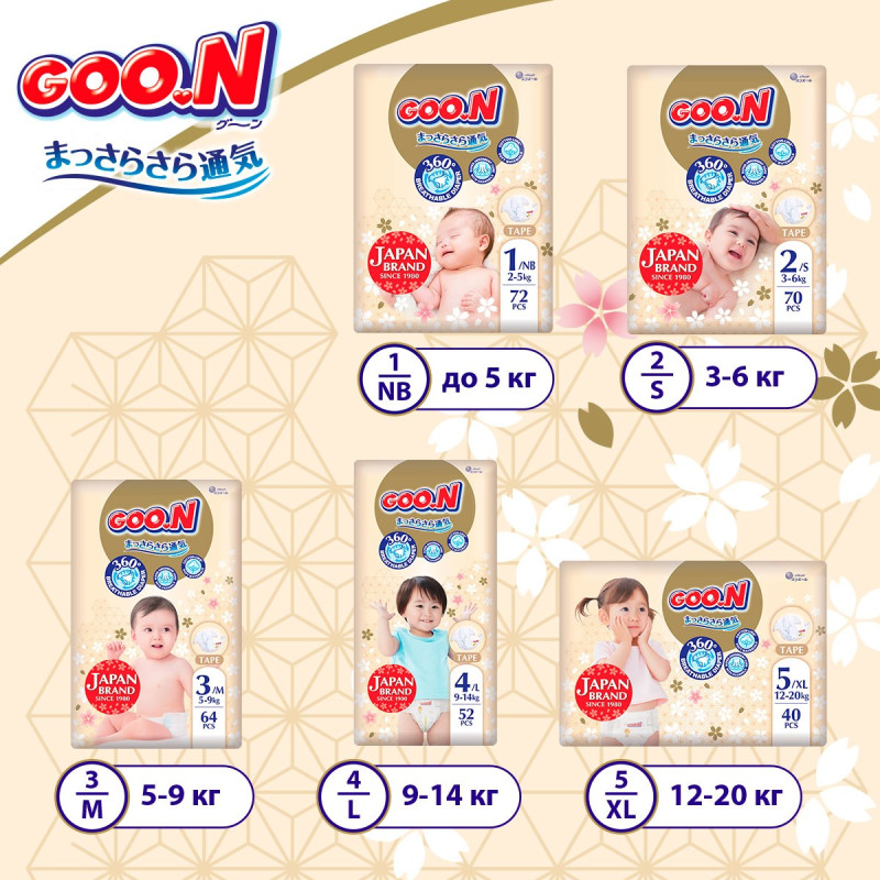 Підгузки GOO.N Premium Soft для дітей 9-14 кг (розмір 4(L), на липучках, унісекс, 52 шт.)
