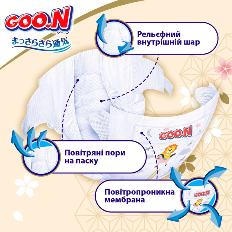 Підгузки GOO.N Premium Soft для дітей 9-14 кг (розмір 4(L), на липучках, унісекс, 52 шт.)